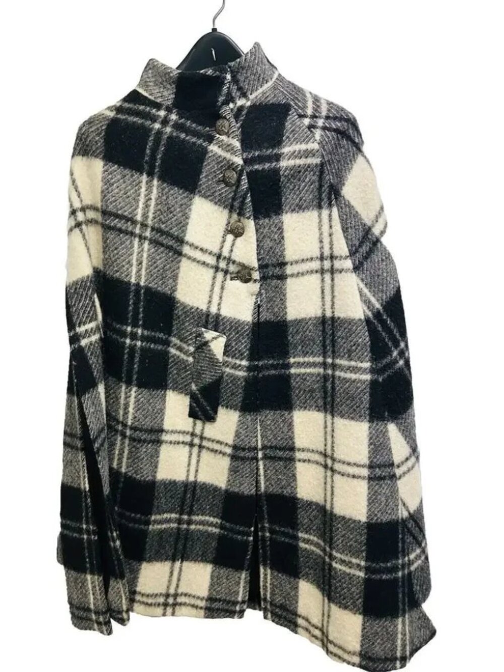 Vintage Boru Jimmy Hourihan Dublin Wool Cape Heavy Winter Coat Black Cream Plaid